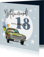 Stoere verjaardagskaart met auto, ballonnen en foto