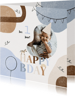 Trendy verjaardagskaart blauw abstract slinger foto 1 jaar