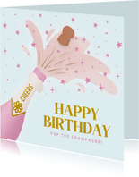 Trendy verjaardagskaart met champagnefles roze 