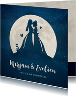 Trouwkaart met silhouetten van 2 vrouwen in volle maan