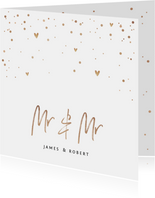 Trouwkaart Mr & Mr met goudlook tekst, confetti en hartjes