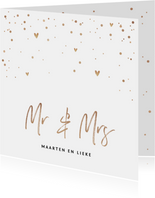 Trouwkaart Mr & Mrs met goudlook tekst, confetti en hartjes