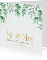 Trouwkaart uitnodiging Mr and Mrs eucalyptus goud