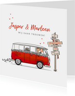 Trouwkaart Volkswagen rood met bruidspaar