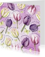 Tulpenkaart in roze met vlinders