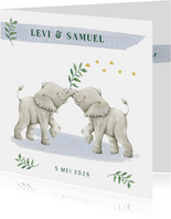 Tweeling geboortekaartje jongens met lieve olifantjes