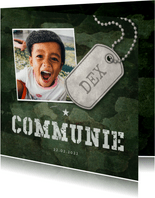 Uitnodiging communie army stoer met foto en legerplaatje