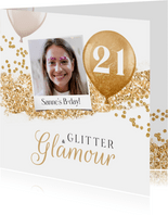 Uitnodiging glitter glamour goud foto ballonnen thema