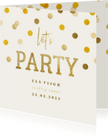 Uitnodiging gouden 'let's party' met confetti