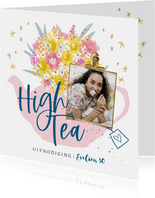 Uitnodiging high tea illustratie theepot boeket foto sterren