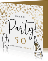 Uitnodiging 'Inhaal Party!' 50jaar bubbels goudlook glazen