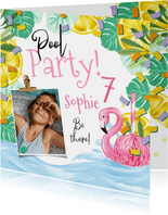 Uitnodiging kinderfeest ‘Pool Party’ tropisch flamingo