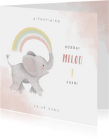 Uitnodiging kinderfeestje meisje met olifantje en regenboog