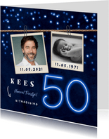 Uitnodiging man 50 jaar neon confetti foto slinger