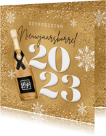 Uitnodiging nieuwjaarsborrel champagne goud 2023