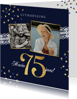 Uitnodiging verjaardag 75 jaar kant confetti foto's goud