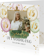 Uitnodigingskaart verjaardag vrouw ballonnen goud confetti