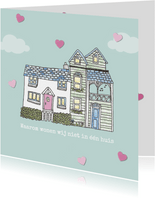 Valentijnskaart met hartjes en twee schattige huisjes