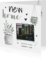 Verhuiskaart foto new home met hartjes en planten