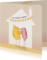 Verhuiskaart getekende lovebirds voor huis met slingers