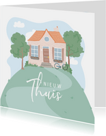 Verhuiskaart met illustratie van een huis op een berg.