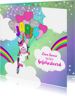 Verjaardag hippe vrolijke felicitatie unicorn met  ballonnen