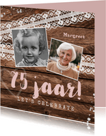 Verjaardag uitnodiging hip hout vintage kant met foto's