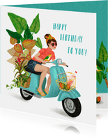 Verjaardagkaart, hip meisje op vintage scooter met plantjes