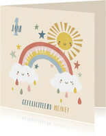 Verjaardagskaart 1 jaar met regenboog, zonnetje en wolkjes