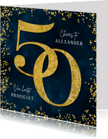 Verjaardagskaart 50 goud confetti waterverf