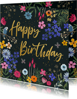 Verjaardagskaart bloemen met glitterlook