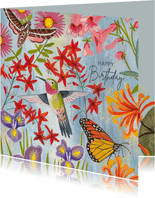 Verjaardagskaart bloemen vogel & vlinder