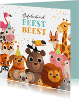 Verjaardagskaart feestbeest dieren feestje confetti