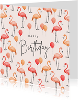 Verjaardagskaart flamingo ballonnen roze waterverf