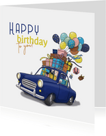 Verjaardagskaart grappige auto met pakjes 
