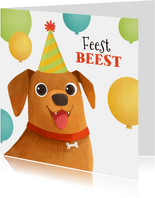 Verjaardagskaart hond ballonnen feestbeest feestje
