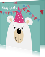 Verjaardagskaart - ijsbeer met roze feestmuts