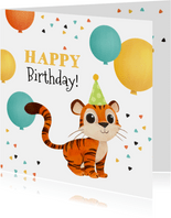 Verjaardagskaart kind tijger feest confetti ballonnen