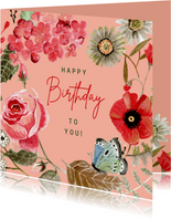 Verjaardagskaart klaproos en rozen boeket