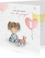 Verjaardagskaart meisje met beertje en ballonnen