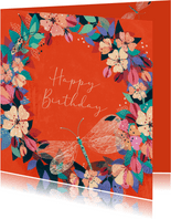 Verjaardagskaart met bloemen en libellen