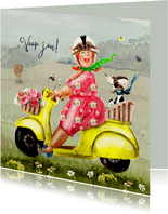 Verjaardagskaart Met bloemen op de scooter