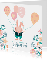 Verjaardagskaart met konijn en ballonnen