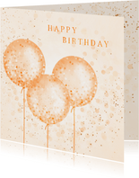 Verjaardagskaart met oranje confetti ballonnen
