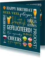 Verjaardagskaart met teksten, gebak en drankjes