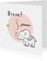 Verjaardagskaart olifantje met roze cirkel en confetti