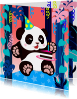 Verjaardagskaart panda met taart, slingers en planten