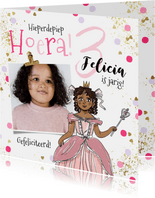 Verjaardagskaart prinsesje foto confetti goudlook spetters