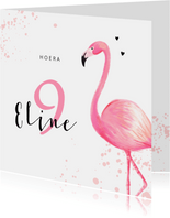 Verjaardagskaart roze met flamingo en spetters