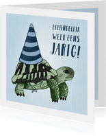 Verjaardagskaart schrikkeljaar met schildpad en hoedje